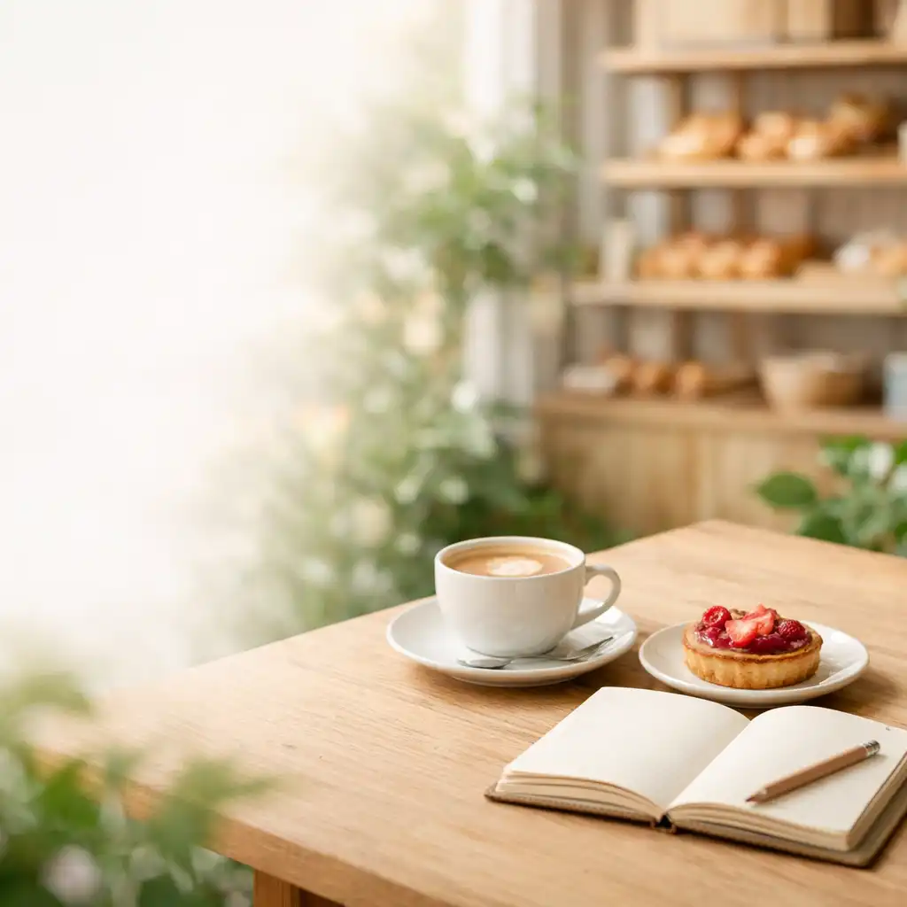 Table de café lumineuse avec tasse, pâtisserie et carnet dans un décor de café-jardin