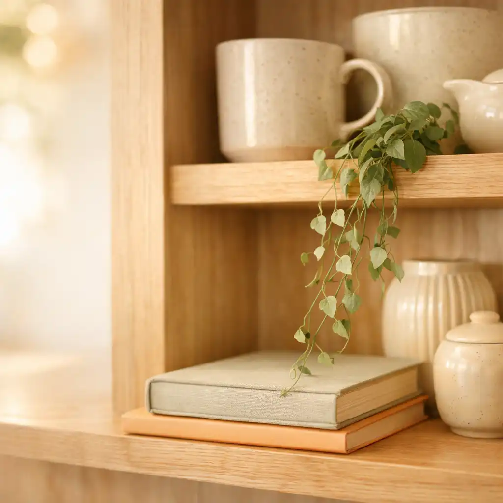 Étagère de café décorée de céramiques crème et d’une plante