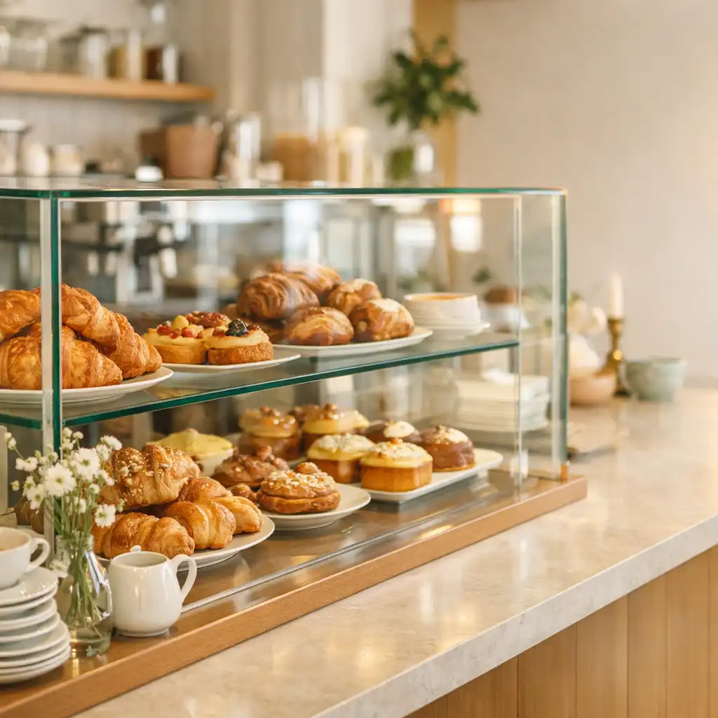 Vitrine de pâtisserie contemporaine avec viennoiseries, vaisselle claire et fleurs