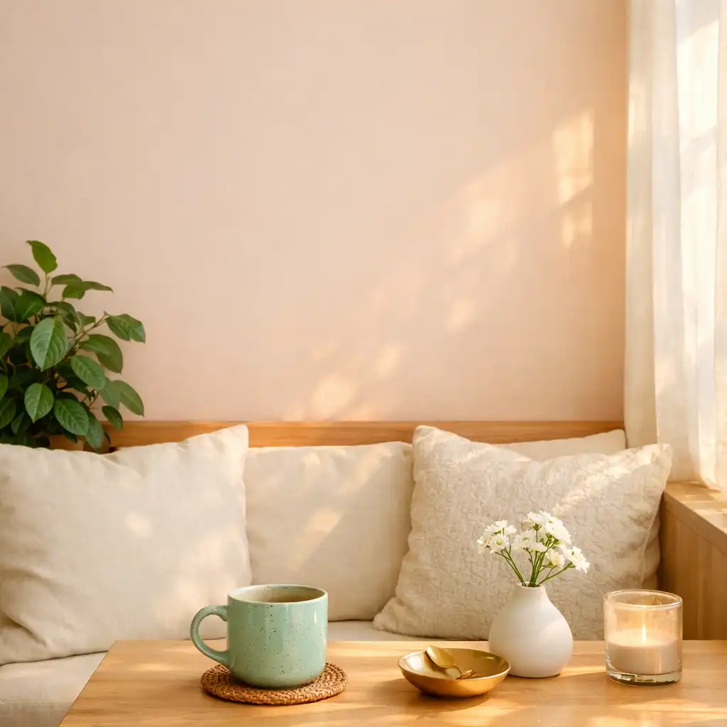 Coin de café-jardin décoré avec banquette crème, plante et tasse en céramique