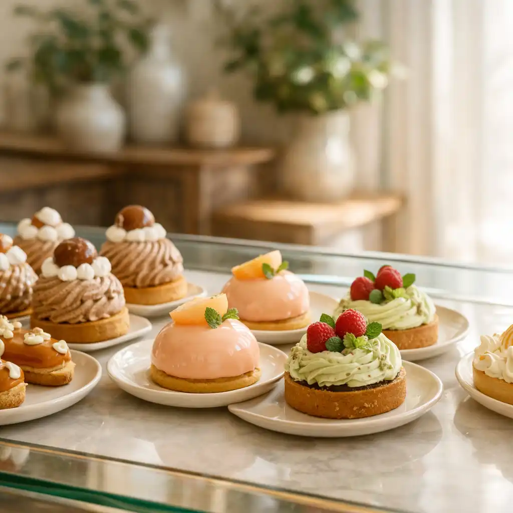 Vitrine de pâtisserie contemporaine lumineuse avec desserts et feuillage