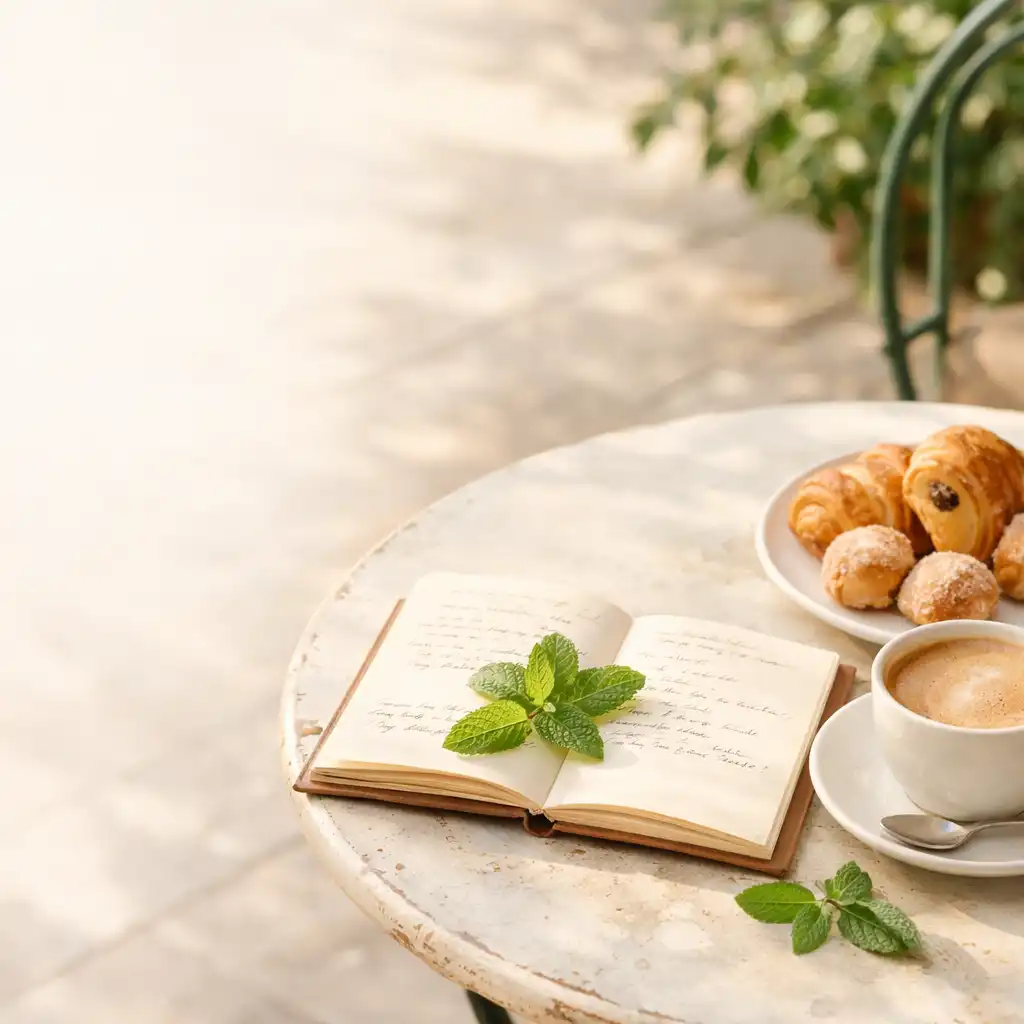 Table de café-jardin lumineuse avec tasse de café, viennoiseries et carnet de recettes