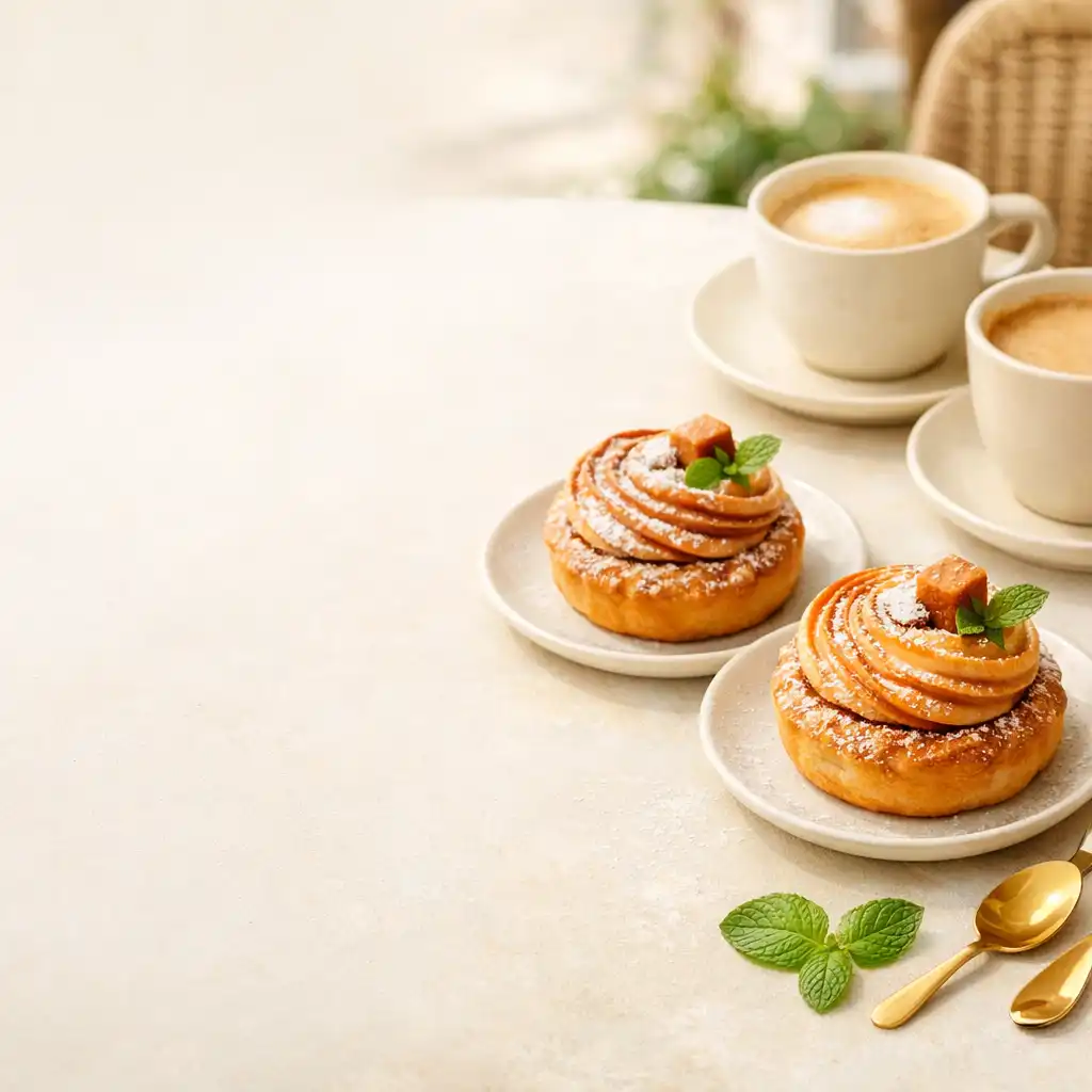 Table de café-jardin lumineuse avec tasses, pâtisseries et feuilles de menthe disposées en paires