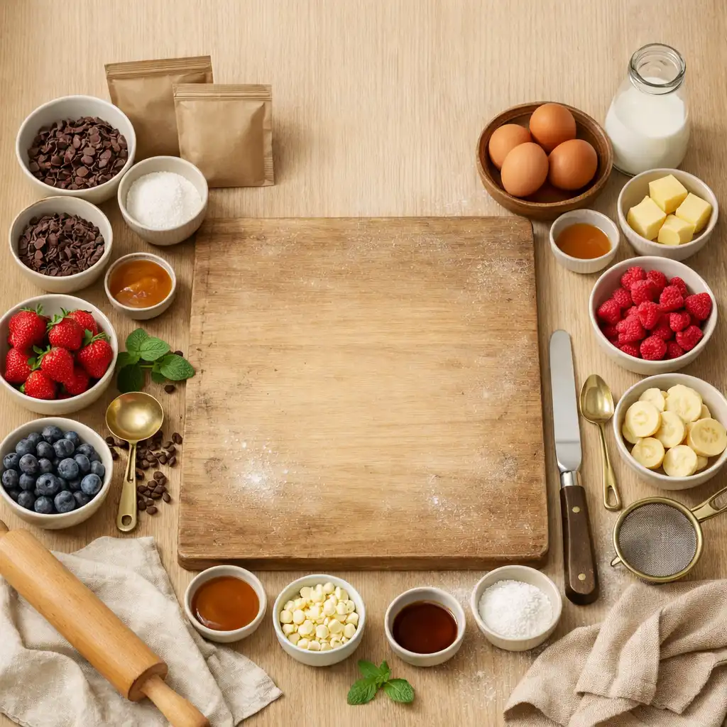Plan de travail de pâtissier organisé avec bols, grains de café, fruits et ustensiles autour d’un espace central