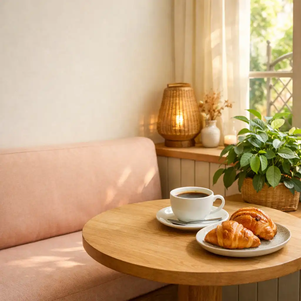 Coin de café-jardin lumineux avec banquette pêche, table en bois, tasse de café et plante verte