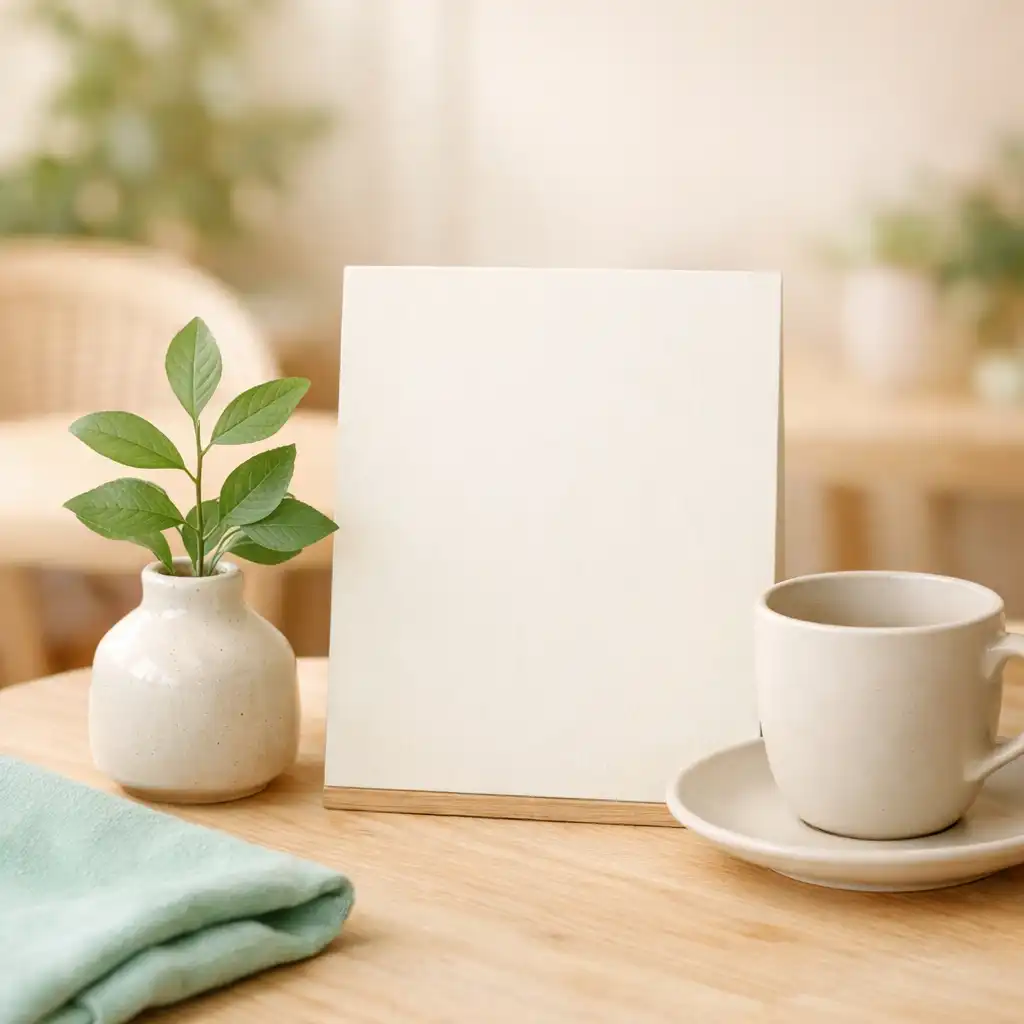 Vase en céramique, feuillage et tasse sur une table de café décorée