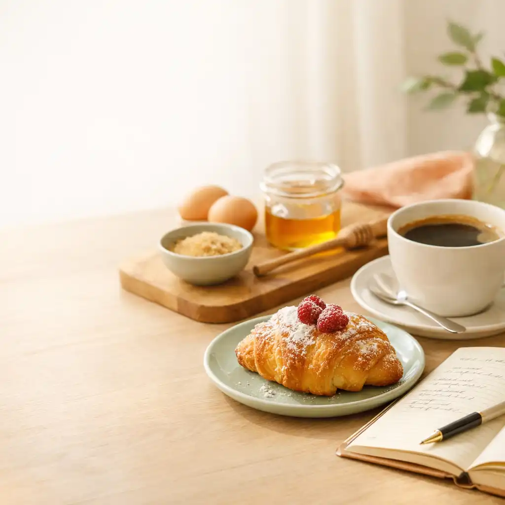Table lumineuse de café avec tasse, pâtisserie et carnet ouvert dans une ambiance crème et végétale