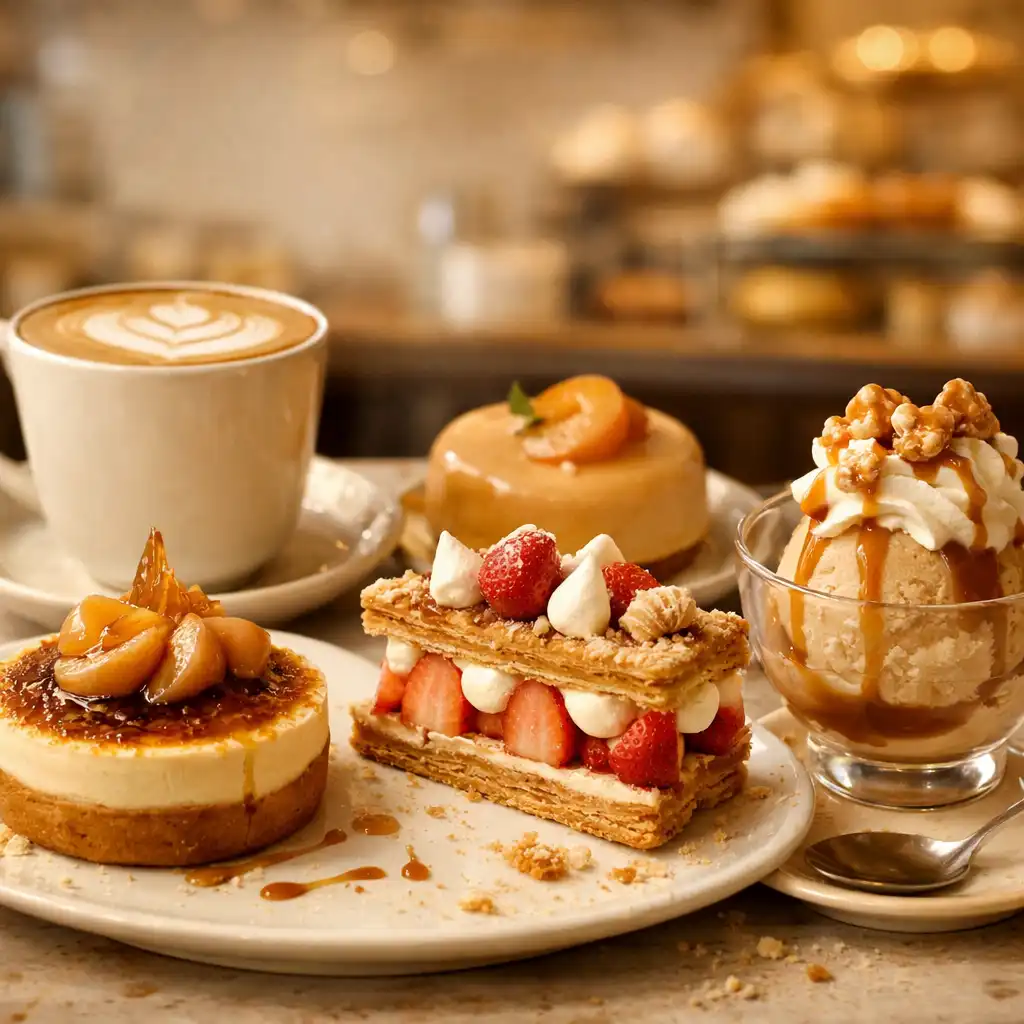Pâtisseries, café latte et dessert glacé disposés sur une table de café