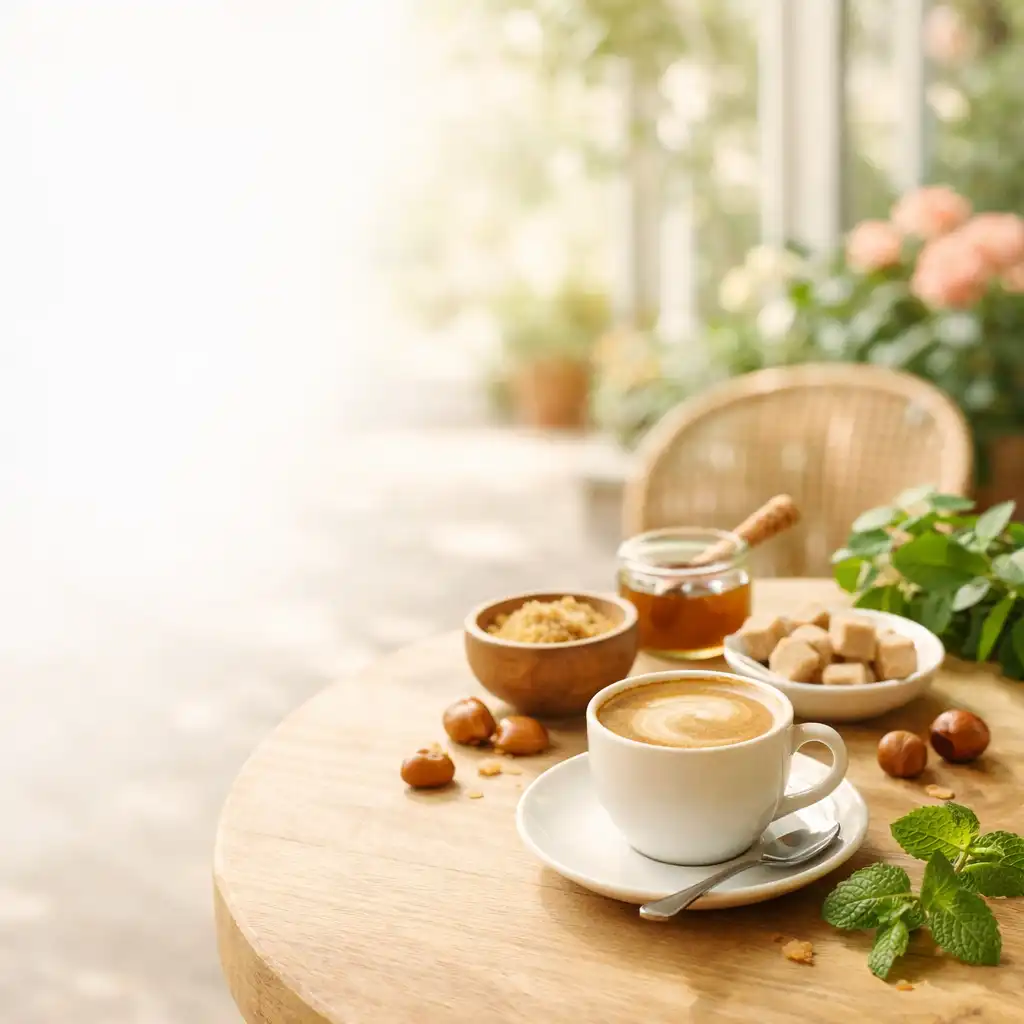 Tasse de café crémeux et pâtisserie sur une table lumineuse de café