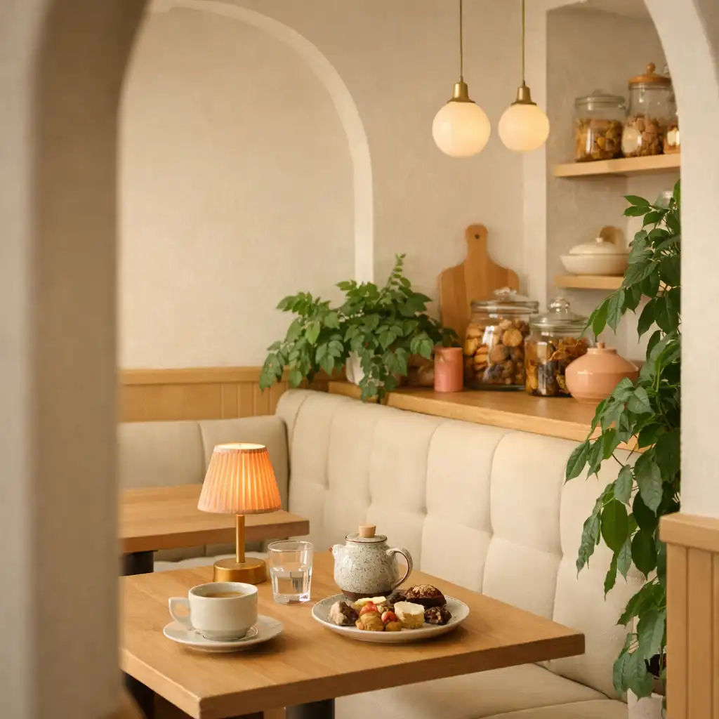Coin de café contemporain avec banquette crème, table en bois clair, feuillage et détails décoratifs