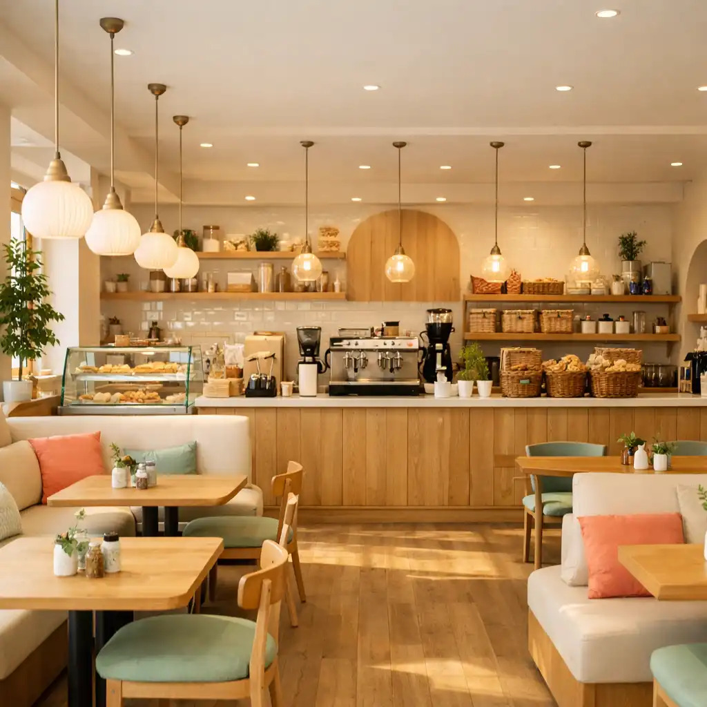 Intérieur lumineux d’un café rénové avec comptoir et banquettes crème