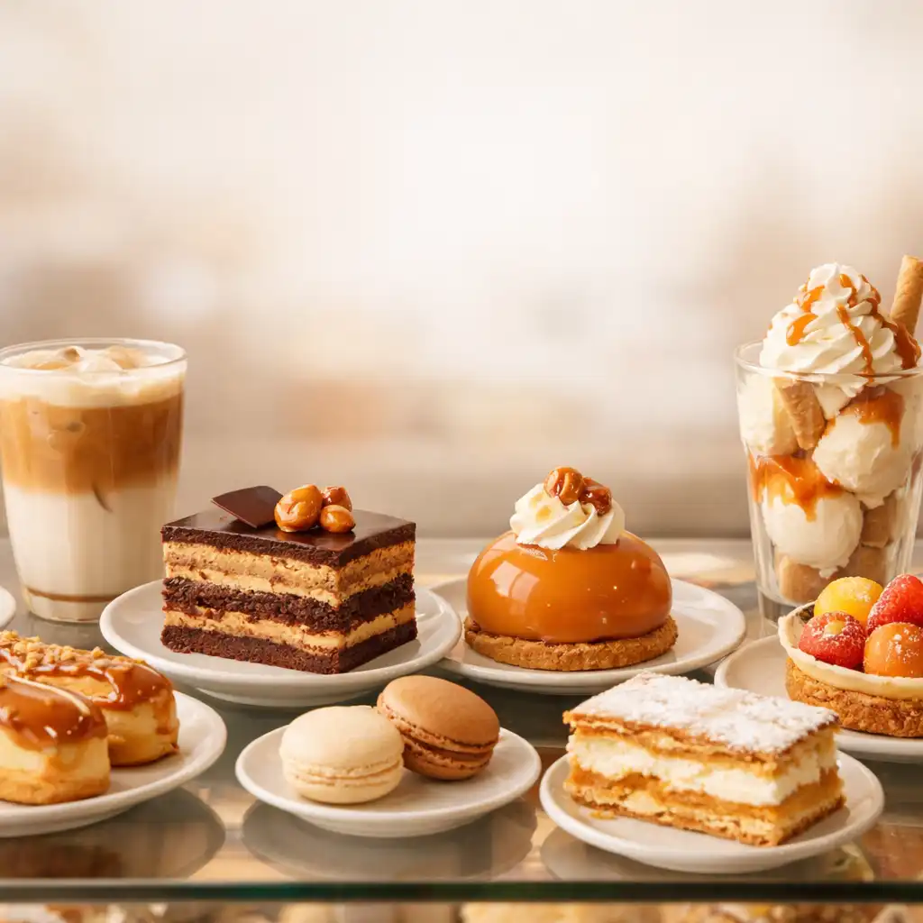 Comptoir lumineux avec douceurs, boisson au café et dessert glacé