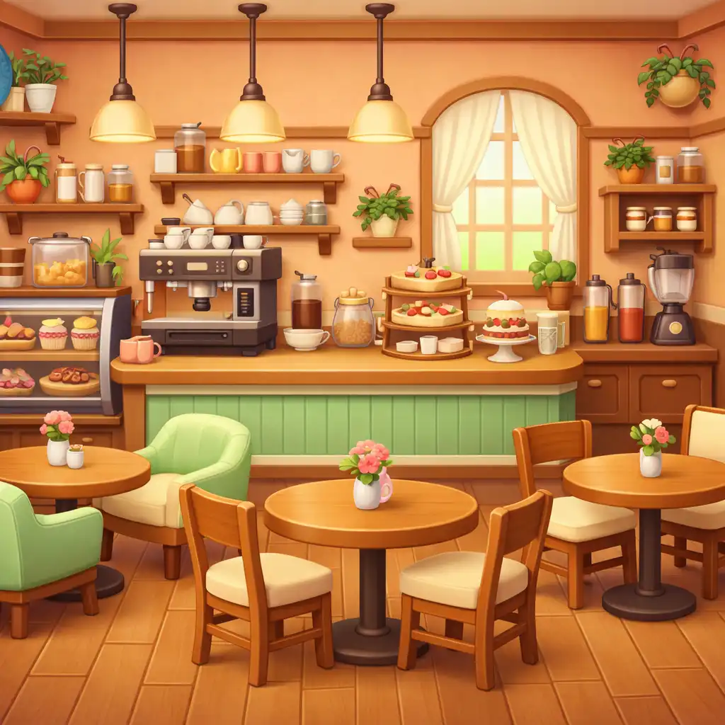 Pièce de café rénovée avec mobilier et détails décoratifs visibles dans Merge Cafe